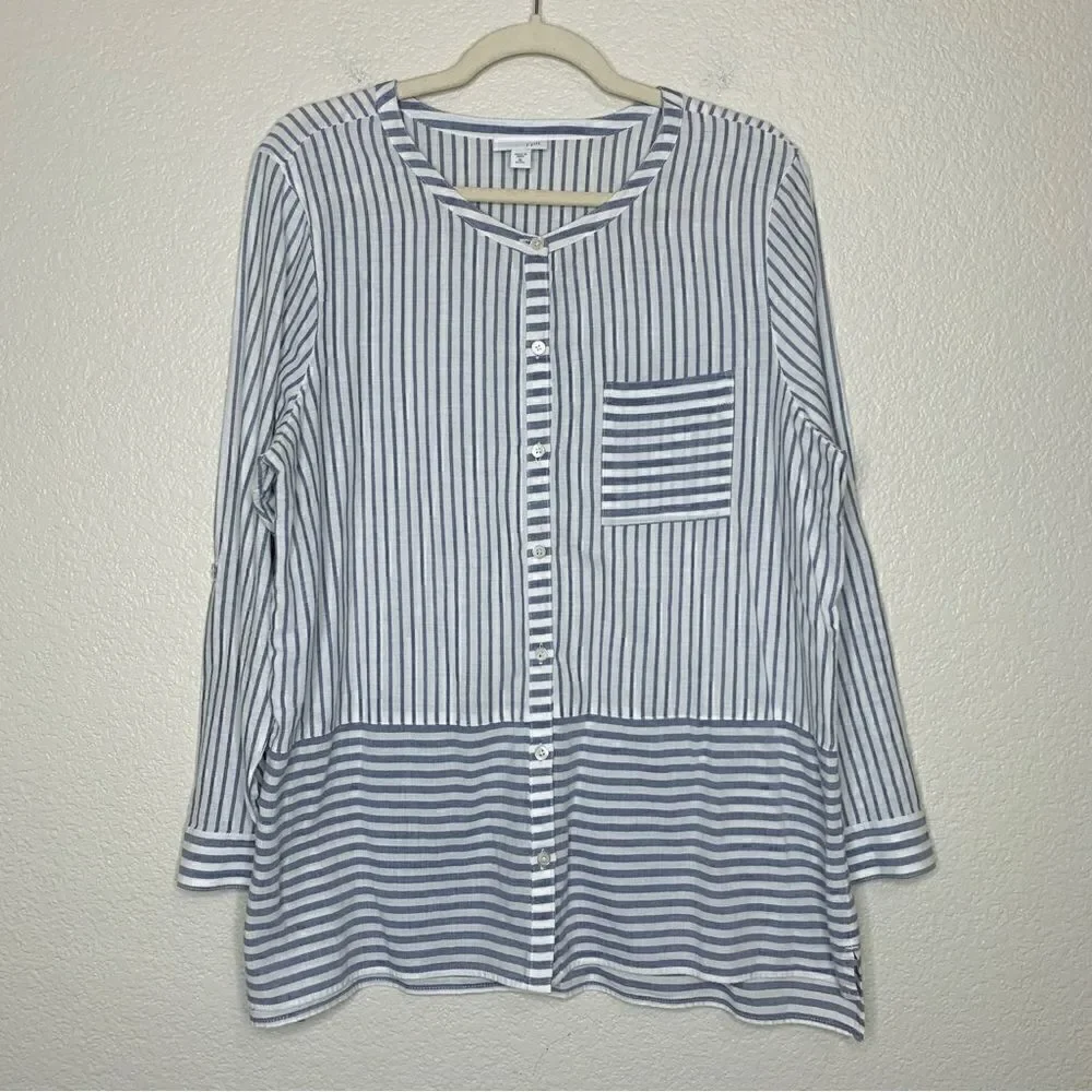 J.Jill 100% Cotton Blue White Striped Button Down Tunic Top
